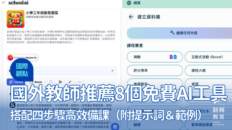 本文介紹八款國外老師也在用的AI工具，從備課、簡報製作到引導學生自主學習，都能成為教師的助力！圖片來源：翻轉教育製圖