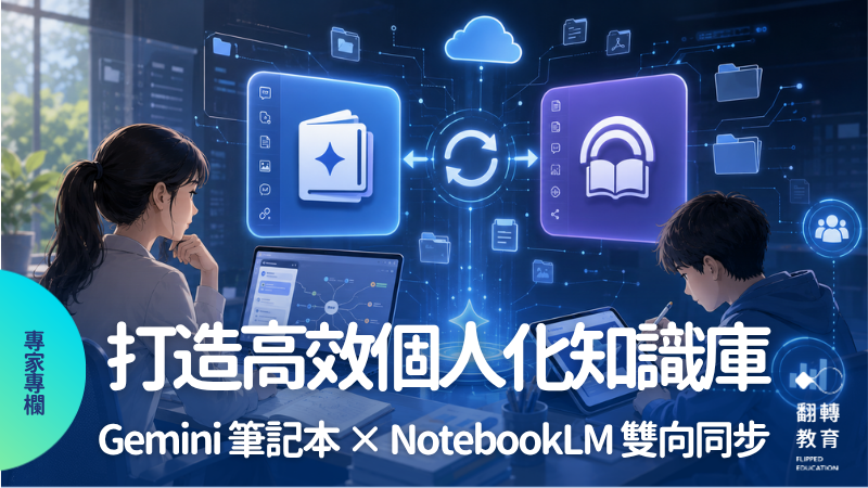 Gemini 筆記本 × NotebookLM 雙向同步，打造從教師端到學生端的個人化知識庫。圖片來源：AI 生成