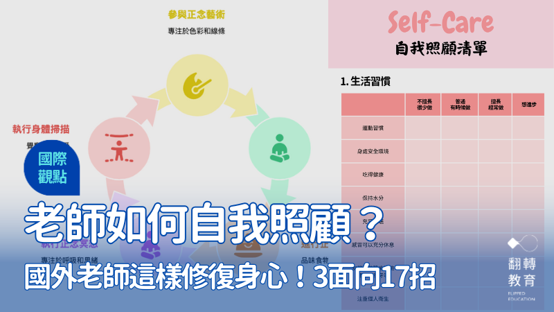 老師也是人！先照顧好自己，才能照顧學生。本文綜整國外老師多種放鬆實用方法，讓老師利用暑期好好修復身心。圖片來源：Napkin AI（左）、翻轉教育製圖（右）。
