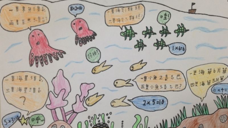 賴秋江讓孩子畫中繽紛的海底世界，融入了「九九乘法表」。賴秋江提供