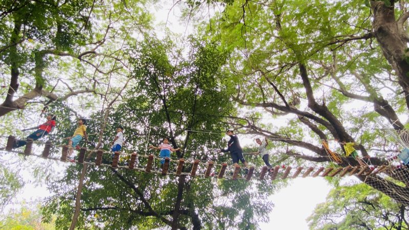 ▲ 連結樹與樹之間的吊橋，是壽山國小的學生親自畫設計圖、搭建拉繩，並且合力把吊橋拉到空中的作品。壽山國小提供