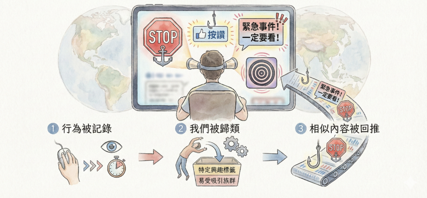 媒體素養:認識演算法:行為被記錄 → 我們被歸類 → 相似內容被回推