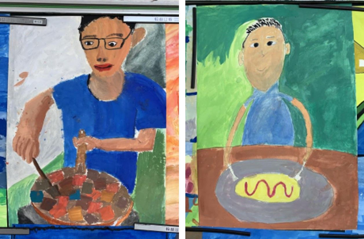 像這兩張畫就是很好的對比，同樣是高年級的學生，左邊在煮菜的孩子看到照片裡自己的手怎麼拿著鍋子與鍋鏟，清楚  畫出手肘與指頭的細節，右邊在吃蛋包飯的孩子則是憑空想像，因此畫面上都沒有細節，畫得非常幼稚。  