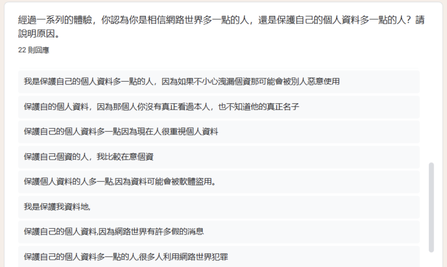 課程最後的省思，請學生覺察紀錄自己是「保護個人資料多一點的人」或「相信網路世界多一點的人」