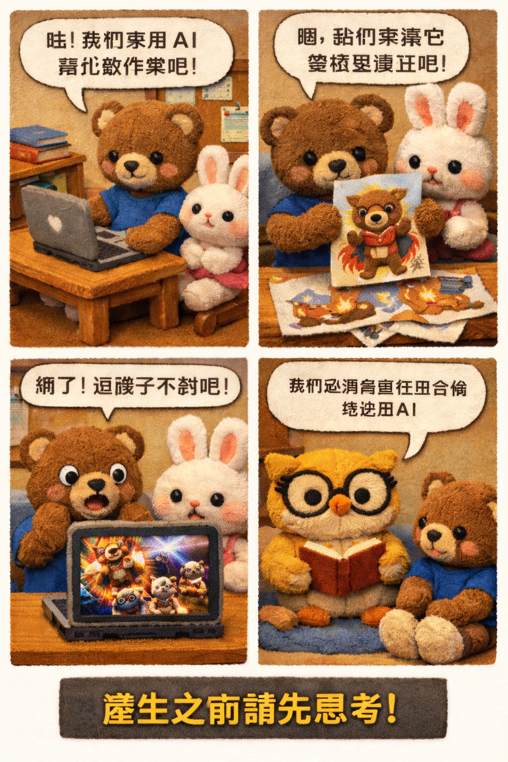 絨毛玩具風格的四格漫畫,提醒學生要負責任地使用AI(中文版)
