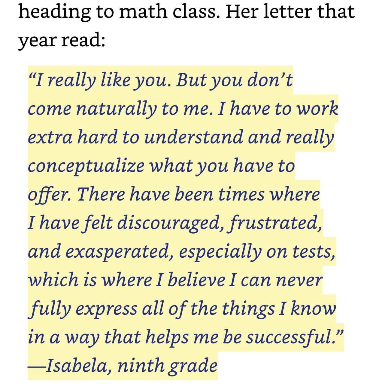 書中一個學生 Isabela 在九年級時寫下給 Dear Math 的信，Isabela 面臨考試有嚴重的焦慮症。Amber Chang 提供