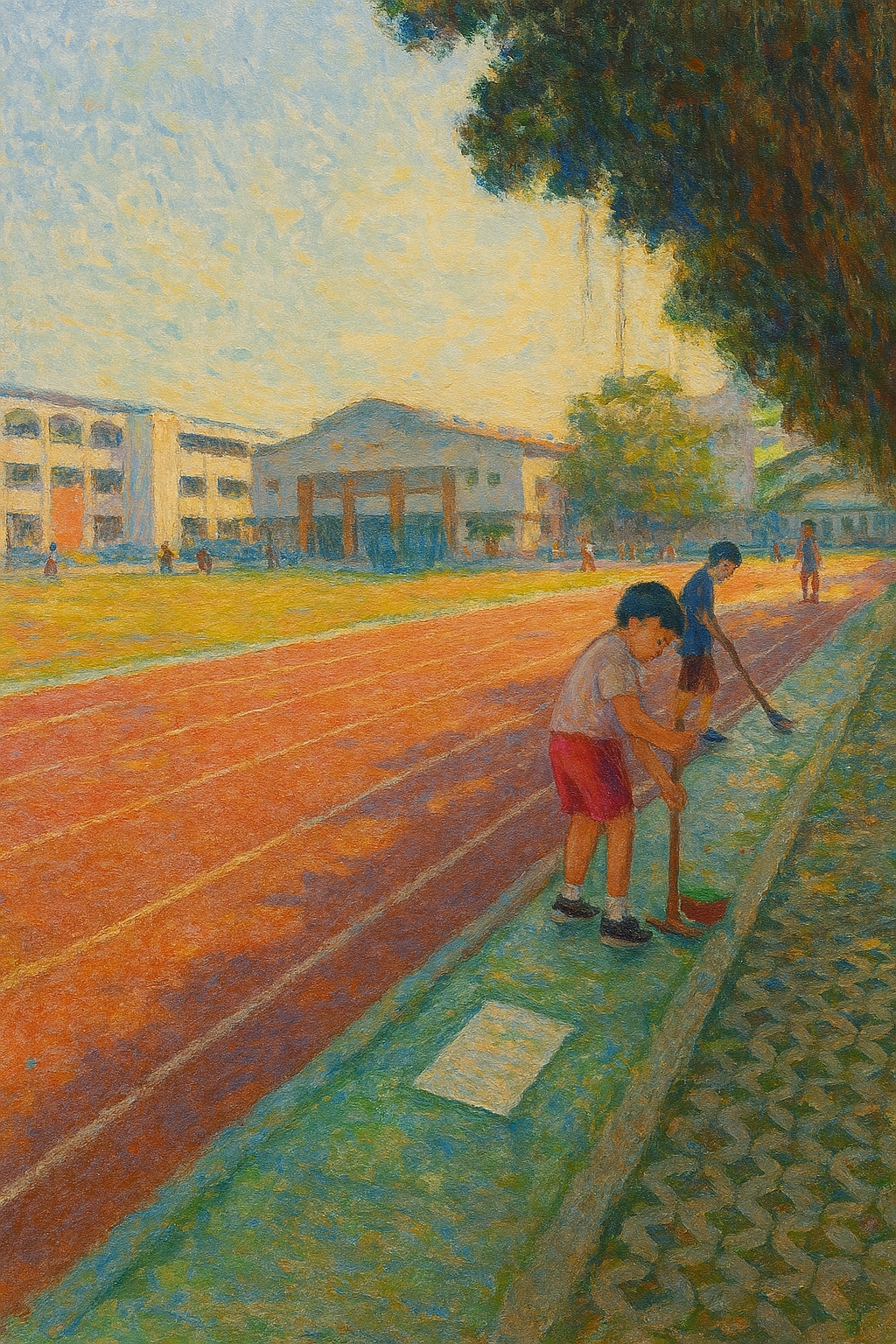 在校園操場旁外掃區掃地